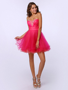 Robe de cérémonie en tulle fuchsia d'encolure en coeur avec plissement