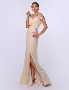 Robe élégante de soirée fourreau en chiffon champagne fendu de col-V
