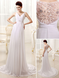 Robe de mariage plissée A-ligne en chiffon blanc avec perles de col-V