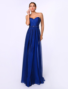 Robe bustier de soirée A-ligne en chiffon bleu royal avec ceinture