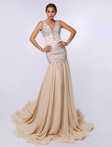 Robe de soirée de sirène en chiffon champagne à col-V