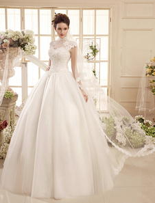 Robe de mariée ivoire à boule avec perles de col roulé longueur plancher