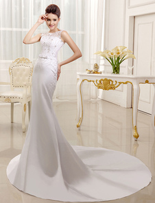 Robe de mariée magnifique à sirène en satin blanc avec noeud de col rond