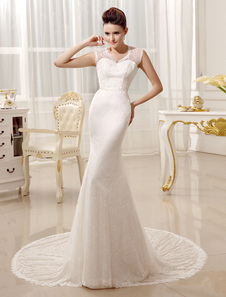Robe de mariage à traîne exquise sirène ivoire avec dentelle de col-V