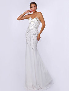 Robe de soirée sirène en chiffon blanc avec paillettes