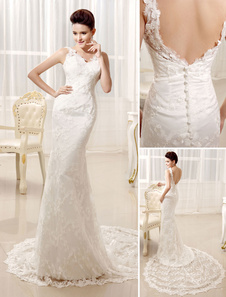 Robe de mariée fabuleuse à sirène en dentelle ivoire à dos décolleté