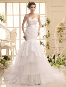 Robe de mariée sirène en tulle blanc avec dentelle d'encolure en coeur