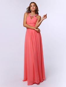 Robe de bal en chiffon rouge melon à licou longueur plancher