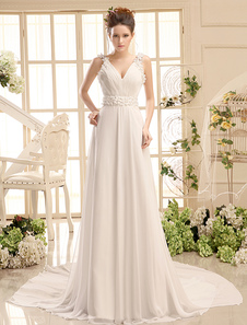 Robe de mariée A-ligne en chiffon ivoire avec perles de col-V à traîne