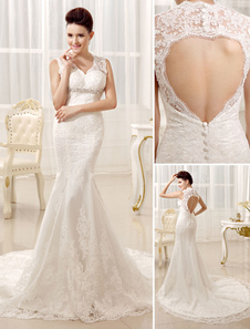 Robe de mariée à sirène en dentelle ivoire avec perle et strass à dos décolleté