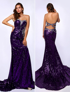 Robe de bal sirène avec paillettes pourpre encolure en coeur