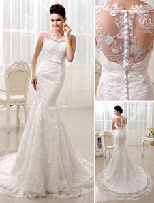 Robe de mariée sirène en dentelle ivoire avec bouton à col V