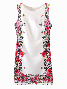 Robe droite en polyester blanc imprimé fleuri