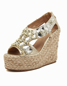 Sandales élégantes compensées en PU avec perles et strass