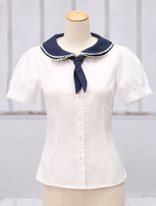 Coton blanc Lolita Blouse manches courtes Navy Blue tour Turn-down col