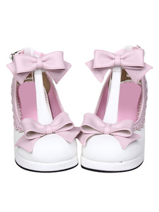 Chaussures lolita exquises en PU blanc à plate-forme avec nœuds roses