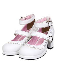 Lolita blanc mat Chunky talons chaussures cheville bracelet boucles avec sa garniture
