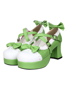 chaussures lolita belles vert à bout rond blanc