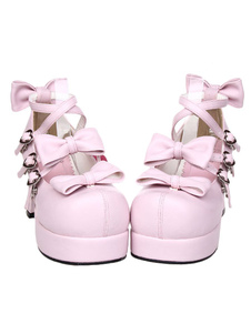 Chaussures lolita belles en PU rose à plate-forme avec nœuds