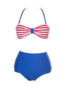 Charmant bikini sexy en lycra spandex bicolore avec rayure et bouton