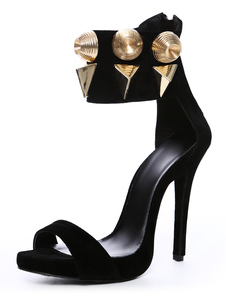 Attrayantes sandales cloutées en peau de mouton suédée noire à bout ouvert