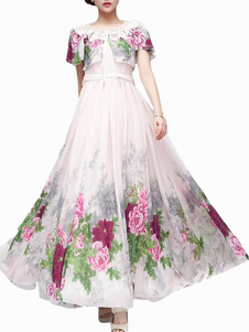 Robe maxi en chiffon écru blanc imprimé fleuri multicouche