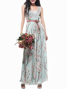 Robe longue en chiffon bleu ciel clair imprimé moulant avec ceinture