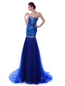 Robe de soirée à sirène avec paillettes bleue royale d'encolure en coeur