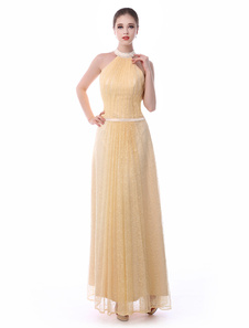 Robe de soirée en dentelle jonquille avec dentelle de col trou de serrure