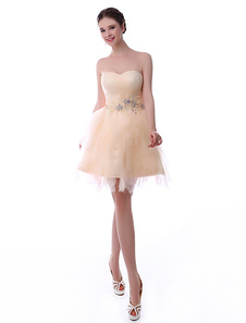 Mini robe de diplôme en tulle champagne avec applique d'encolure en coeur