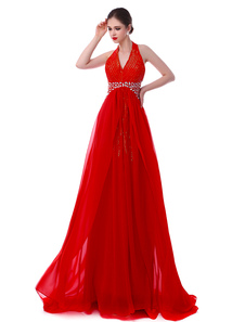 Robe énigmatique de soirée A-ligne en chiffon rouge avec paillettes à licou