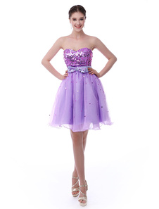 Robe de cérémonie plissée pailletée A-ligne en organza lilas orné de nœud