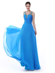 Robe de Prom mousseline plissé bleu océan avec perles