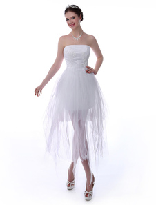 Robe bustier de cérémonie en tulle blanc avec applique traîne asymétrique