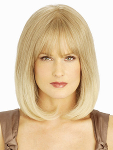 Perruque droite d'or ébouriffée en fibre avec frange