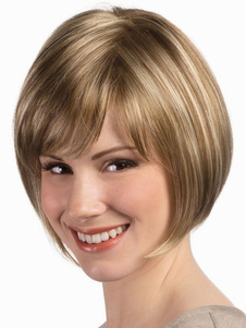 Perruque courte marron claire mélange droite avec raie de côté
