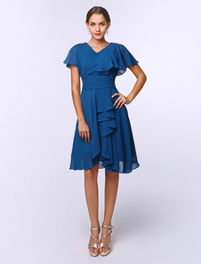 Robe mère de mariés A-ligne en chiffon bleu royal à volant