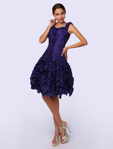 Robe plissée de cocktail A-ligne en taffetas violet foncé à bretelles