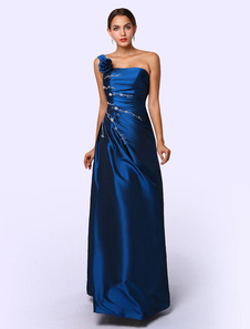 Robe de soirée en taffetas bleu royal avec fleur à une épaule