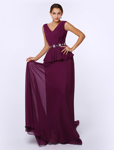 Robe mère de mariés A-ligne en chiffon pourpre de col-V avec perles