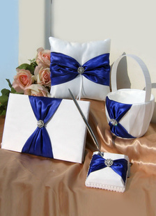 Ensembles des articles de mariage en satin blanc avec ruban bleu royal