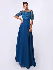 Robe mère de mariés en chiffon bleu royal col bateau