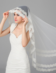 Magnifique voile à doights d'une couche en tulle avec dentelle délicate