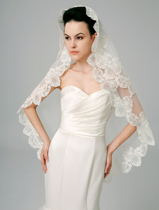 Voile à doights de 2 couches en tulle brodé avec dentelle