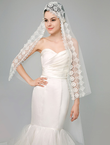 Voile à doights d'une couche en tulle avec dentelle et fleur