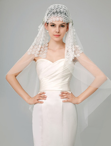 Voile à doights d'une couche en tulle avec strass et dentelle