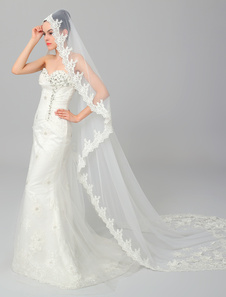 Voile cathédrale long d'une couche en tulle avec dentelle et fleur de dentelle