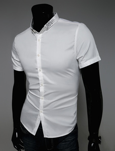 Chemise slim en coton unicolore avec perles sur le col