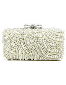Pochette de soirée en satin blanc avec perles et bandoulière réglable
