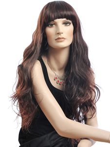 Perruque longue châtaigne de boucles frisées avec frange